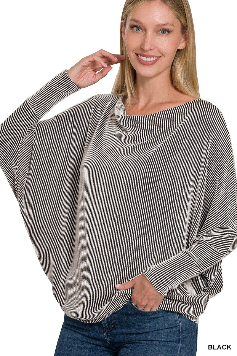 RIBBED COWL NECK DOLMAN LONG SLEEVE TOP