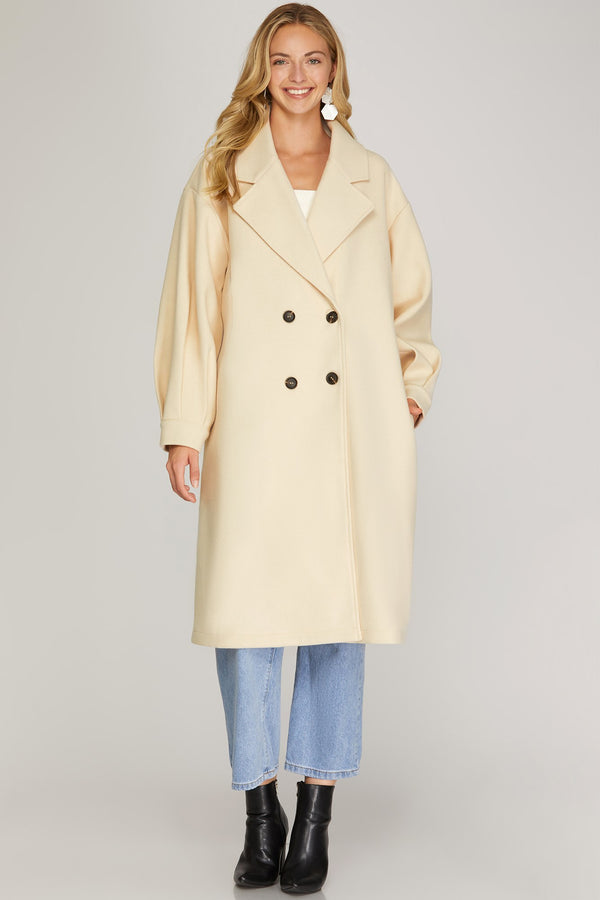 PUFF LONG SLEEVE WOOL DOUBLE BREASTED LONG COAT