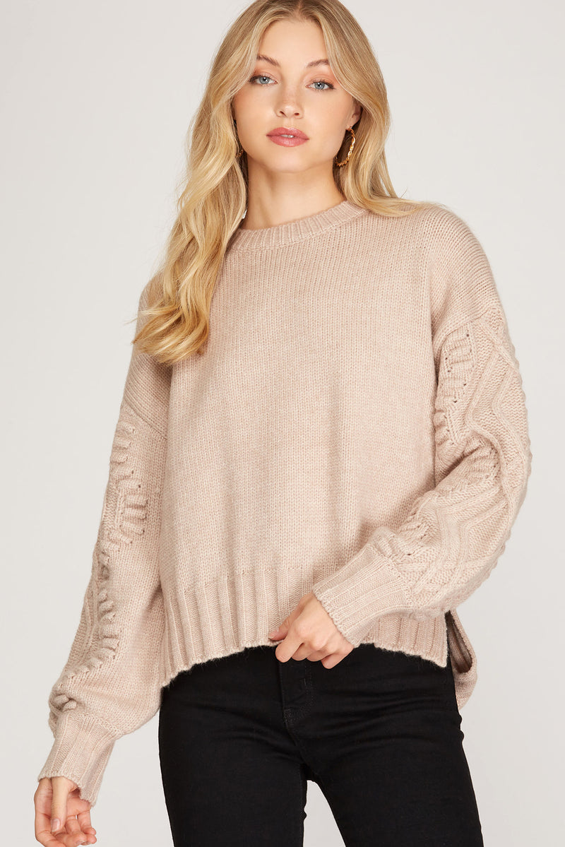 Long Sleeve Knit Sweater with Patterned Sleeve