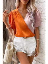 Glossy Half Color Puff Sleeve Wrap Blouse