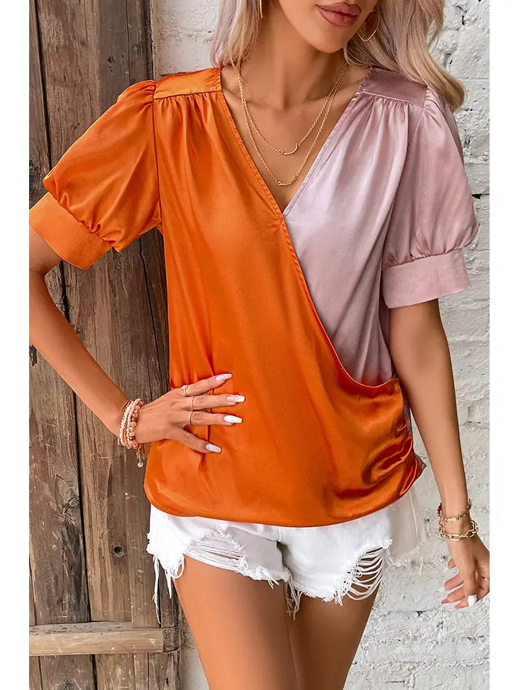 Glossy Half Color Puff Sleeve Wrap Blouse