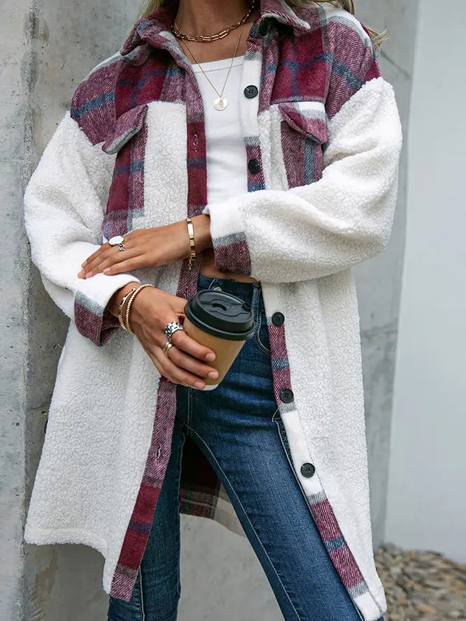 Fleece Open Button Plaid Patchwork Long Jackets