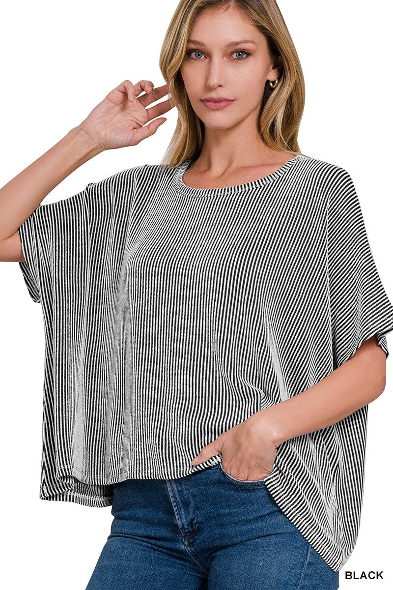 RIBBED STRIPED OVERSIZED SHORT SLEEVE TOP