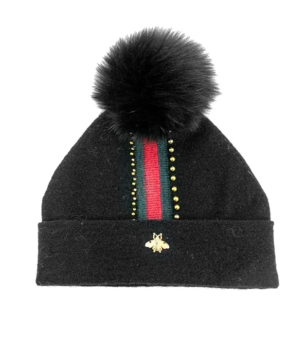 Black Knit Hat with Bee on Cuff Fox Pompom