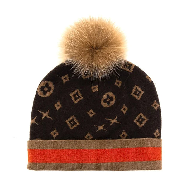 Knit Hat with Monogram Pattern Contrast cuff Foxx PomPom