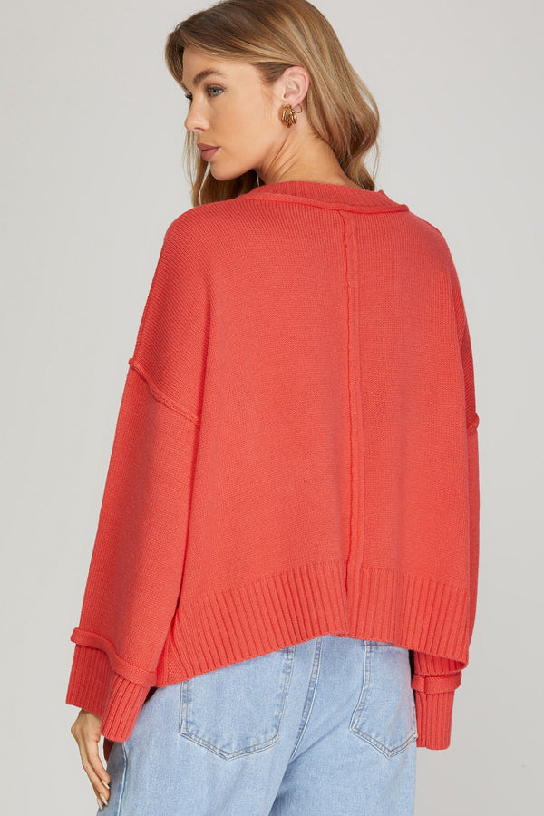 LONG WIDE RIBBED SLEEVE PULL OVER SWEATER TOP WITH SIDE BUTTONS