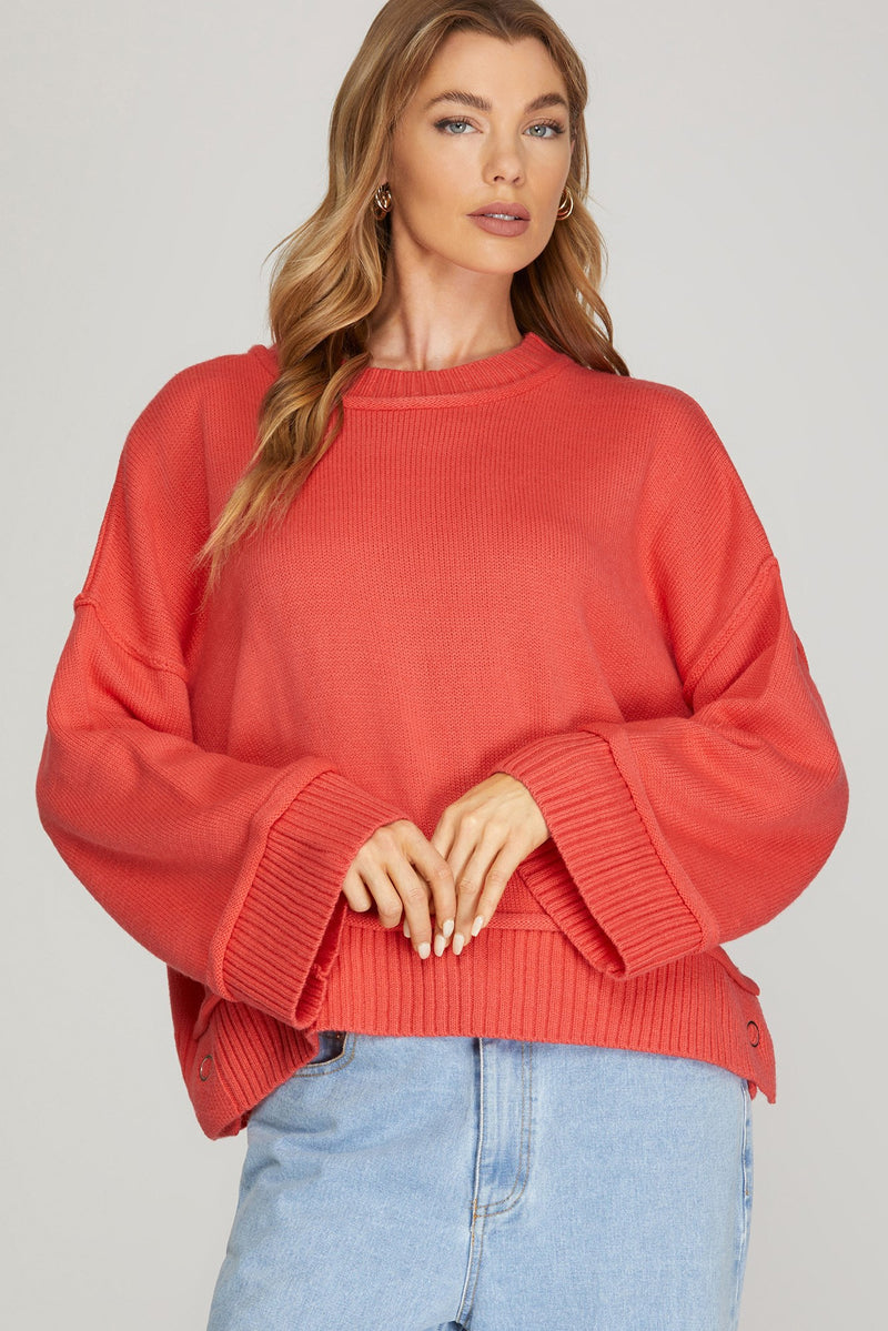 LONG WIDE RIBBED SLEEVE PULL OVER SWEATER TOP WITH SIDE BUTTONS
