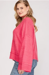 LONG WIDE RIBBED SLEEVE SWEATER PULLOVER TOP