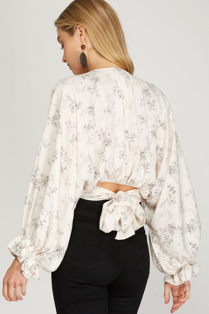 3/4 Batwing Sleeve Woven Print Top with Back Tie