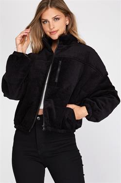 Long Sleeve Corduroy Puffer Jacket with Pockets