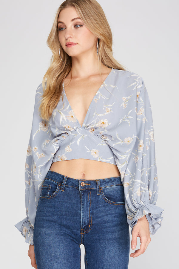 3/4 Batwing Sleeve Woven Print Top with Back Tie