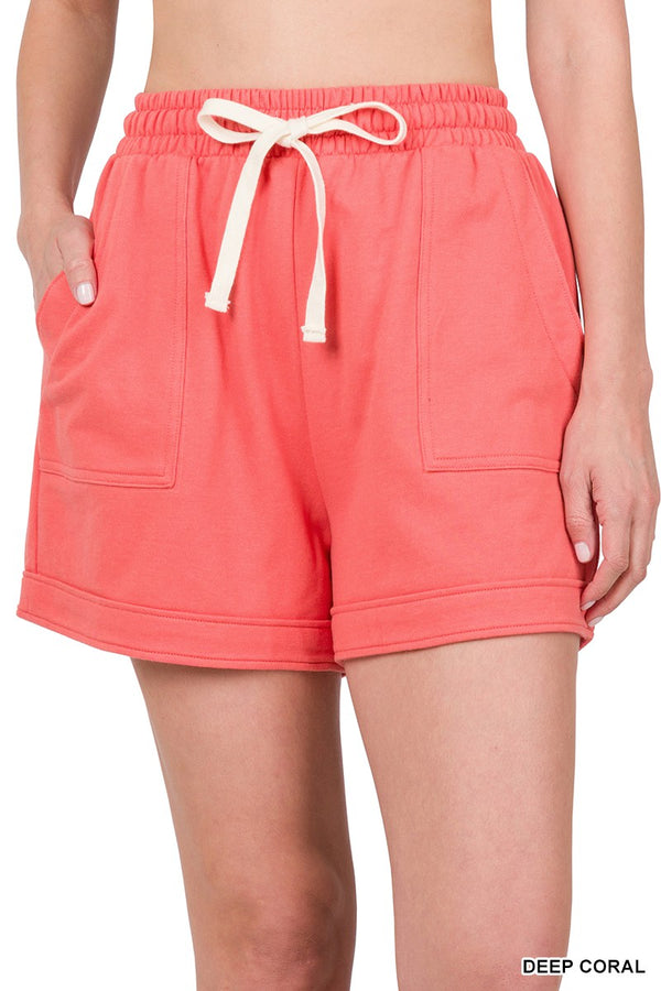 FRENCH TERRY DRAWSTRING WAIST SHORTS WITH POCKETS