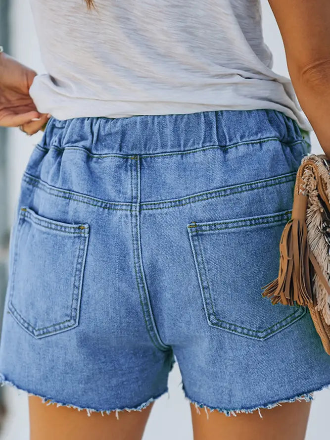 Distressed Ripped Pocketed Denim Shorts with Drawstring