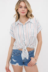 Front tie striped button down top