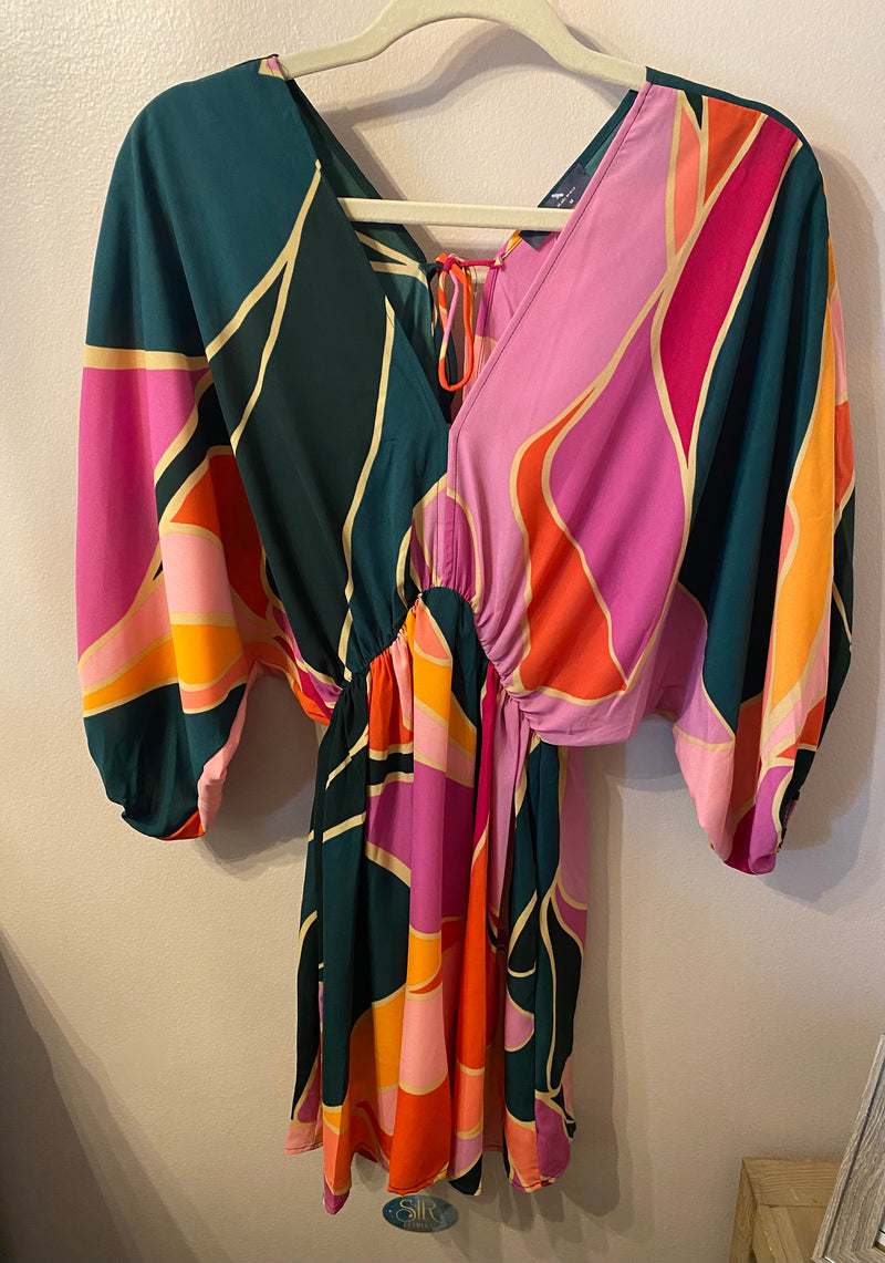 Multi Color Printed Kimono Style Dress