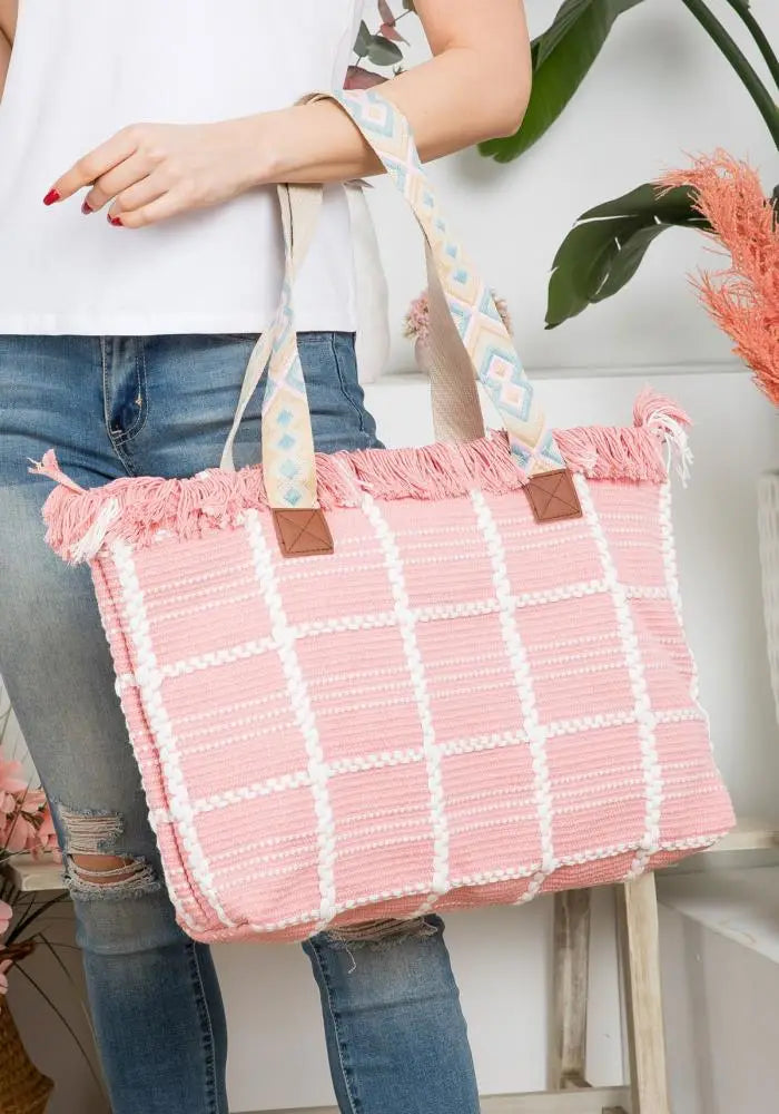 Checked Pattern Top Fringe Pattern Strap Bag-Pink