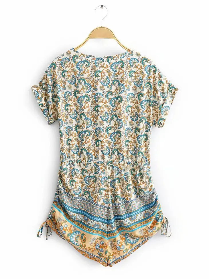 Romper with Drawstring Detail Blue Mixed Print