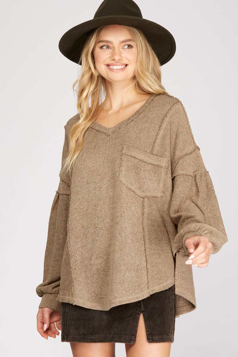 Puff Sleeve Drop Shoulder Knit Top with Pocket