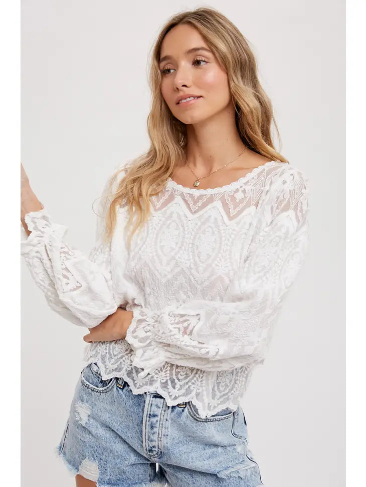 Scallop Hem Embroidery Lace Blouse-Color Natural