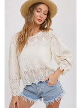 Scallop Hem Embroidery Lace Blouse-Color Natural