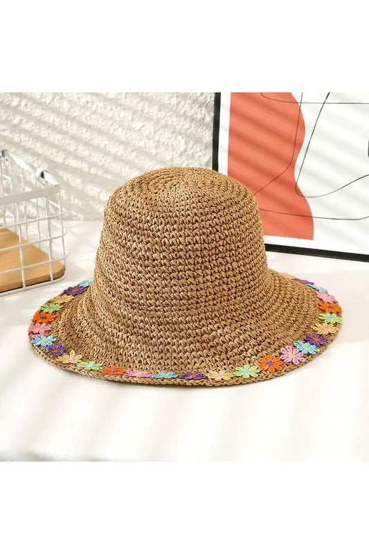 Floral Crochet Edge Straw Bucket Hat