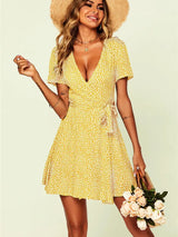 Little Floral Print Wrap Dress in Yellow