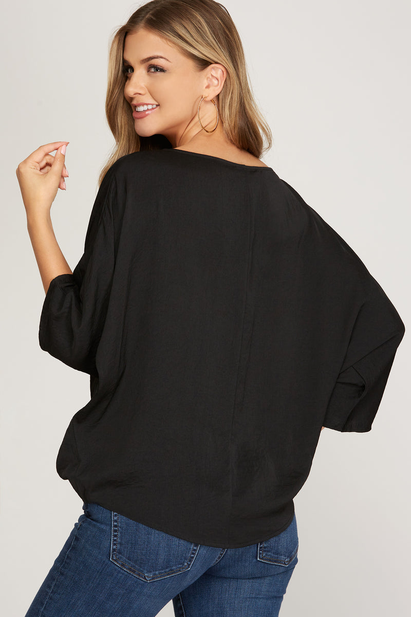 3/4 Batwing Sleeve Woven Pleated Top