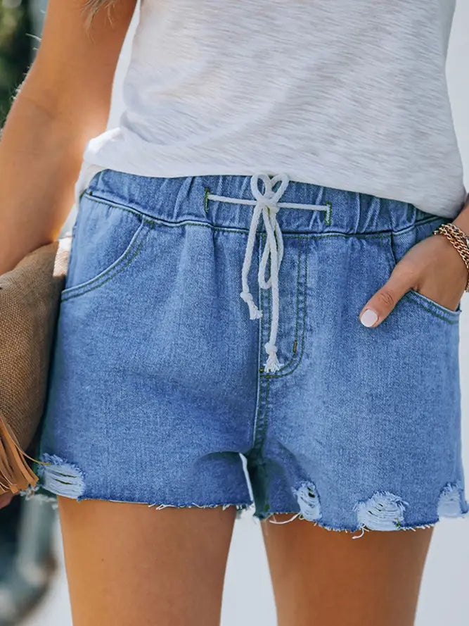 Distressed Ripped Pocketed Denim Shorts with Drawstring