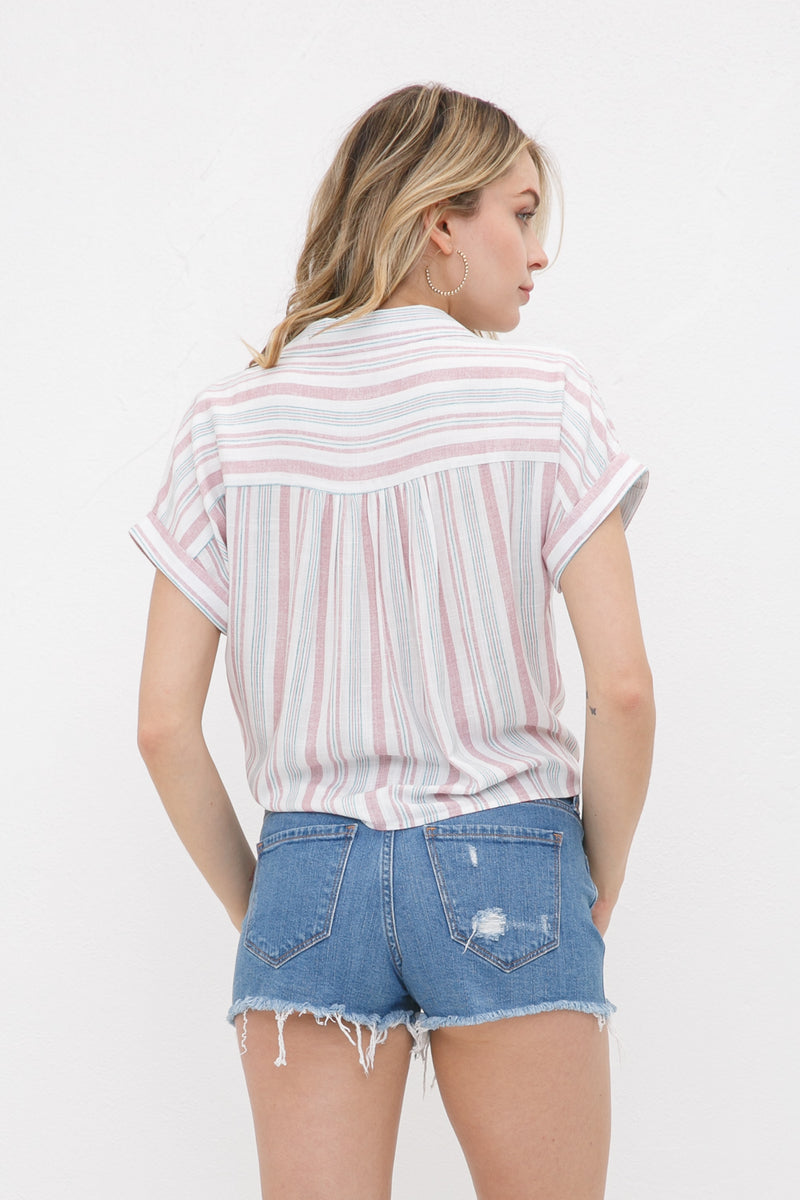 Front tie striped button down top