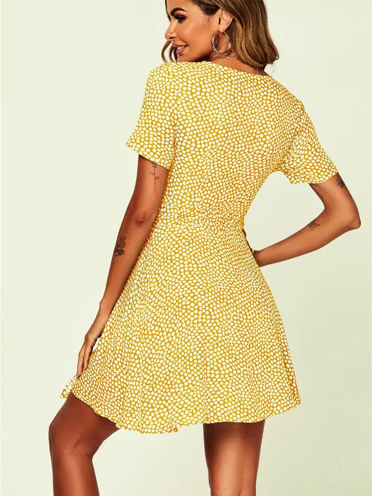 Little Floral Print Wrap Dress in Yellow